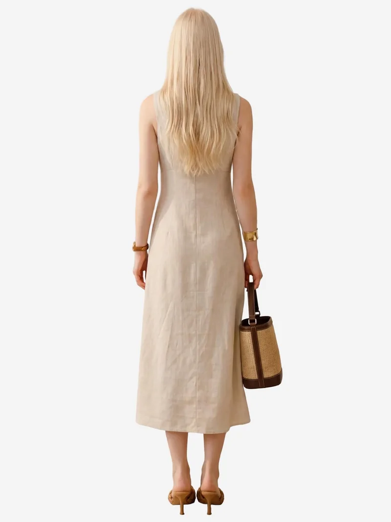 MY FASHION Beige Natural MY FASHION Midi Linen Dress with Tie Detail for Women | Best Price UAE